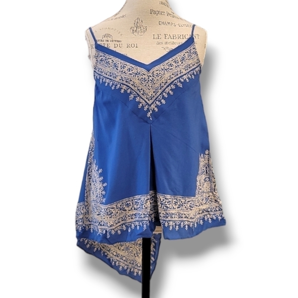 Anthropologie HD Paris Silk Blue & Cream Asymmetrical Handkerchief Top - Size 4 - Picture 3 of 9